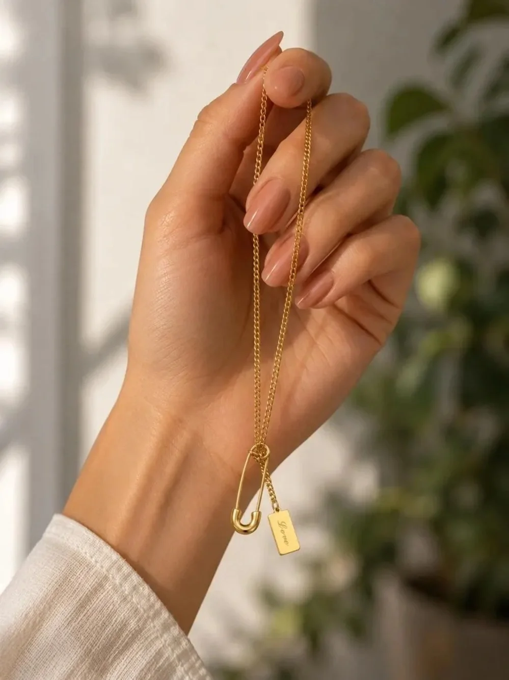 Safety Pin Necklace, 18K Gold Plated Love Necklace, Stainless Steel Necklace